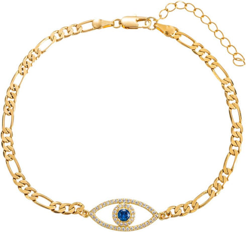 Evil Eye Hamsa Hand Charm Anklet for Women Teen Girls, Dainty Handmade Sideways Hanging Evil Eye Real 14K Gold / 18K Gold/Silver Ankle Bracelet Mi...