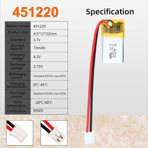 3.7V 70mAh 451220 Lipo battery Rechargeable Lithium Polymer ion Battery Pack with JST Connector...