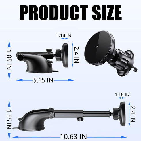 Car Mount Charger, Magnetic Wireless Auto Charger Quick Charge, Dashboard Windshield Phone Holder with Flexible Arm Suction Cup, 15W Quick Chargin...