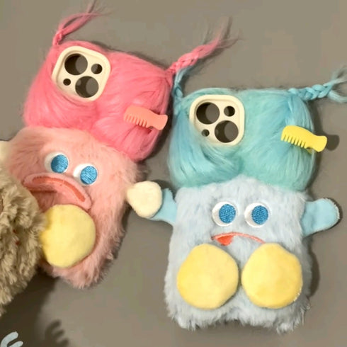 Pink Furry Phone Case for iPhone 13 Pro Max, Cute DIY Long Hair Funny Thick Mouth Warm Plush Cases, 3D Cartoon Fuzzy Winter Protective Cover for W...