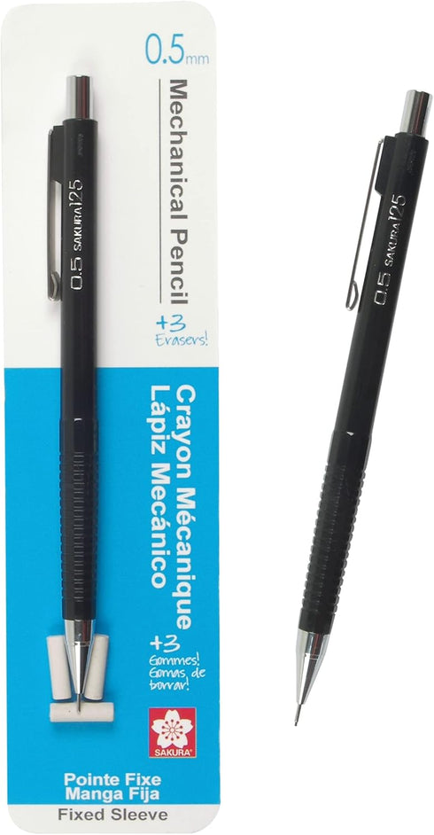 SAKURA Mechanical Pencil 0.5 mm - Pencil with 3 Eraser Refills - Fixed Sleeve for Using Rulers and Templates - Black...