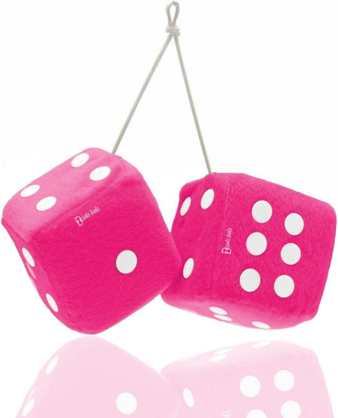 Zento Deals Pair of 3 inch Square Hot Pink Hanging Fuzzy Plush Dice with White Dots for Car Interior Cute Ornament Decoration Rear View Mirror Acc...