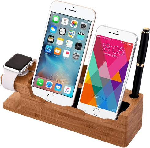 MOOZO Bamboo Wood Desktop Charging Dock Station Charger Holder Cradle Stand Compatible iPhone 16 15 14 13 12 11 Pro Max Apple Watch 2 3 4 / iWatch...