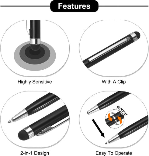 MECCANIXITY 6pcs Metal Stylus Pen Ballpoint Pen 2 in 1 Universal Retractable Ink Pen with Stylus Tips for All Capacitive Touch Screen Device, Blac...