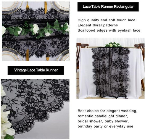 ShinyBeauty Lace Table Runner Black 30x120 Inch Vintage Floral Lace Table Cloth Runner Embroidered Lace Fabric Black Table Runners for Weddings Th...