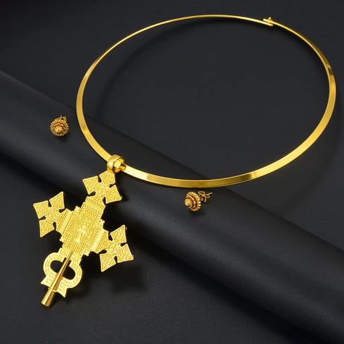 Ethiopian Cross Jewelry for Women - Ethiopian Jewelry for Women Set - Big Size Pendant Chokers Collar and 1Cm Small Earrings Etiopian Jewelry Sets...