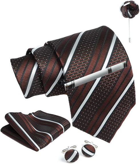 Brown Striped Ties For Men – Tie Set With Pocket Square Cufflinks Tie Clip Bar & Flower Brooch Pin For Mens (Pack of 5) (AXTS64)...