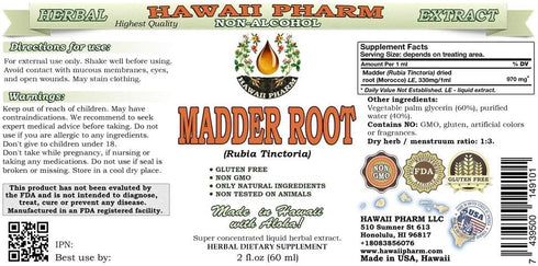 Hawaii Pharm Madder Root Alcohol-FREE Liquid Extract, Madder Root (Rubia Tinctoria) Dried Root Glycerite Natural Herbal Supplement, USA 2 oz...