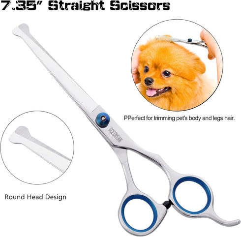 Dog Grooming Scissors for Dogs with Safety Round Tips, 6 in 1 Dog Scissors for Grooming, Curved Dog Grooming Scissors,Professional Pet Grooming Sh...