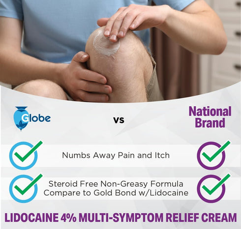 Globe Lidocaine 4% Multi-Symptom Relief Cream 1.75 oz, Numbs Away Pain & Itch, Steroid Free Non-Greasy Formula (Compare to Gold Bond w/Lidocaine)...