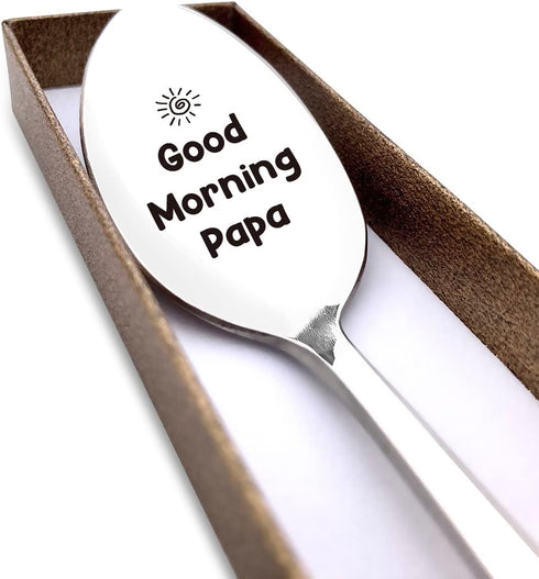 Good Morning Papa Spoon Engraved Funny Gift for Grandpa Father, Ice Cream Tea Coffee Cereal Lover Spoon Gifts for Thanksgiving Christmas Birthday...