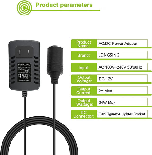 12V Power Supply AC to DC Converter Wall Plug to Car Cigarette Lighter Power Adapter, 110V-240V to 12V Current 2A Max Power 24W Max for Car Shaver...