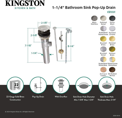 Kingston Brass KB1004 Columbia Pop-Up, 2-1/8", Polished Brass/Polished Chrome...