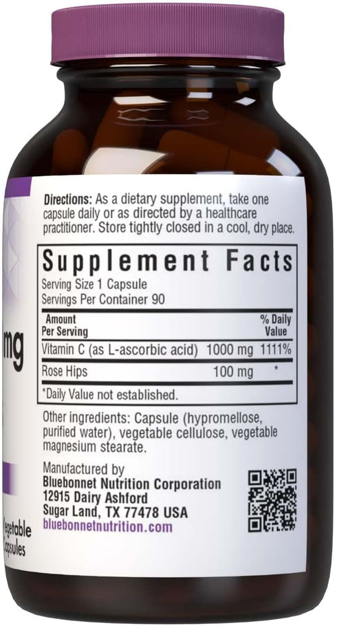 Bluebonnet Nutrition Vitamin C-1000 mg Plus Rose HIPS Vegetable Capules, for Immune Health, for Antioxidant Protection, Soy Free, Gluten Free, Non...