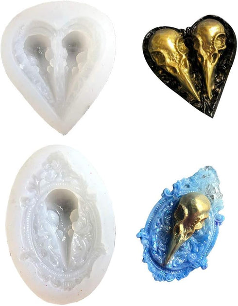 2Pcs/Set Raven Skull Silicone Resin Molds Crow Bird Skeleton Head Epoxy Casting Mold for Halloween Jewelry Making DIY Craft Tools...