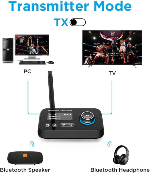 Bluetooth Transmitter Receiver 3-in-1 Bluetooth 5.0 Audio Adapter for 2 Headphones With Bypass Volume Control Low Latency Long Range LCD Display O...