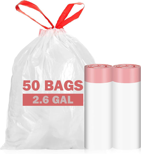 2-2.6 Gallon Small Trash Bags Drawstring, Ryobyo Bathroom Trash Bags Leak-Free, Small Garbage Bags Unscented, Stretchy, Quick Cinch for Bathroom K...