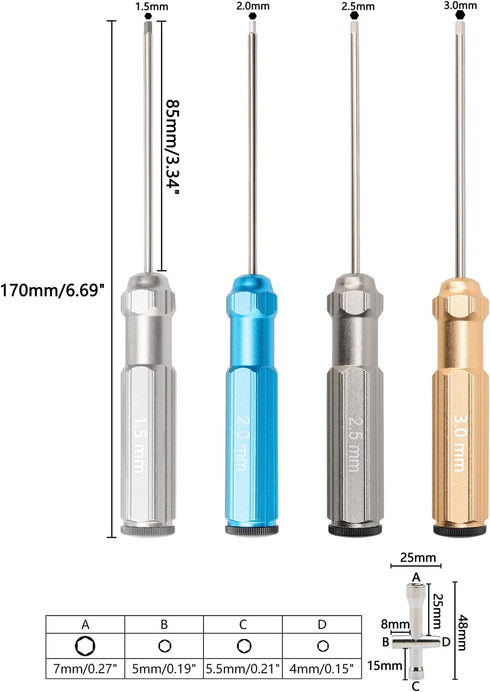 4Pcs RC Hex Screw Driver Kit, 1.5/2.0/2.5/3.0mm Hex Screw Nut Screwdrivers with Small Cross Wrenches Sleeve, Hex Driver Repair Tool Set for RC Car...