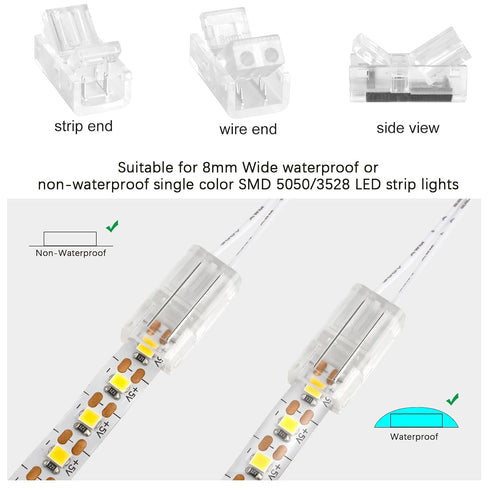 RGBZONE 10pcs 2-Pin 8mm LED Strip to Wire Connectors and 10m/32.8ft 2 Pin Extension Wire for Waterproof or Non-Waterproof Single Color LED Strip L...