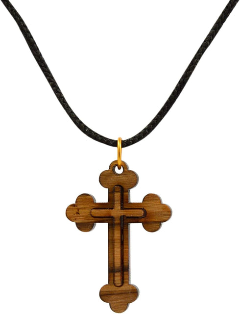 Certified Bethlehem Made Wooden Cross (Olive Wood) Budded Cross Pendant on Black Cord Necklace in Natural Cotton Pouch - 24" Adjustable Wood Cross...