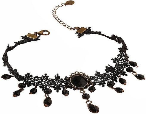 Gothic Black Lace Crystal Choker Necklace Sexy Gemstone Pendant Neck Chain Halloween Costume Jewelry for Women Girls...