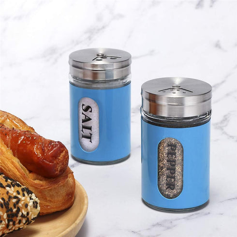 Salt and Pepper Shakers Stainless Steel and Glass Set with Adjustable Pour Holes (Blue)...
