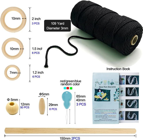 Ewparts Black Macrame Plant Hanger Kit with Instruction with 109 Yard Black 3mm Macrame Cord Wooden Beads and Macrame Rings for Macrame Plant Hang...