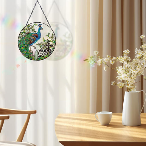 Peacock Stained Glass Suncatcher Window Wall Hanging Decor Ornament 6.5''*6.5'', Hand-Painted Sun Catcher Glass Panel Decor Art Home Garden Decor ...