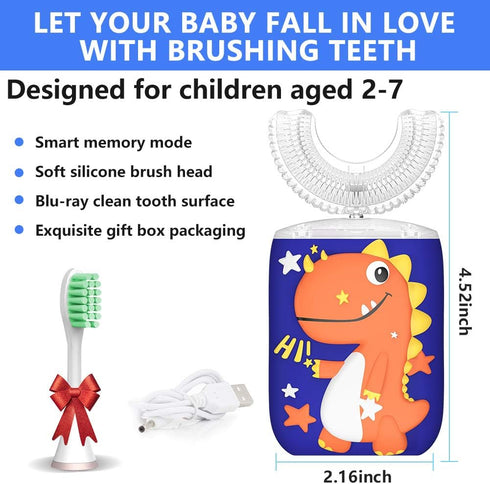 Kids Electric Toothbrush, U Shaped Ultrasonic Automatic Toothbrushes Dinosaur Design with Six Modes Smart Timer Replacement Brush IPX7 Waterproof ...