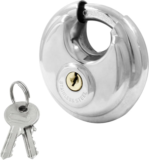 Round Disc Padlock, Heavy Duty Disc Locks Stainless Steel Round Lock with Key Padlock Discus Locks for Storage Unit, Fence, Garages, Sheds(3/8" Di...