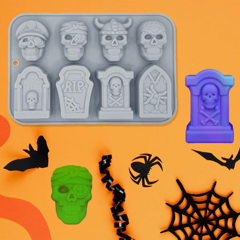 Halloween Chocolate Mold Silicone,2pcs Cavity Candy Gummy Mold with Skull and Tombstone for Baking Chocolate Jelly Gummy Desser...