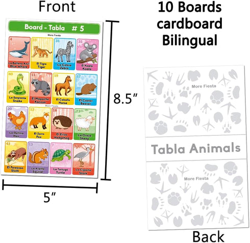 Bilingual Tablas Game in English and Spanish, Mexican Bingo for 10 Players - 10 Boards, Full Deck of Cards and Chips, Theme Animals...
