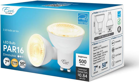 Euri Lighting EP16-7W5020eG-2 Dimmable LED PAR16, GU10 Base, 7W (50W Equal) 500lm, Warm White (2700K), 80CRI, 40° Angle, Damp Rated, UL, Energy St...