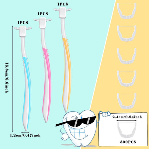 3 Pieces Reusable Dental Floss Handle with 300 Pieces Dental Floss Refill Heads Unflavored Colorful Floss Interdental Toothpick Flosser for Adults...