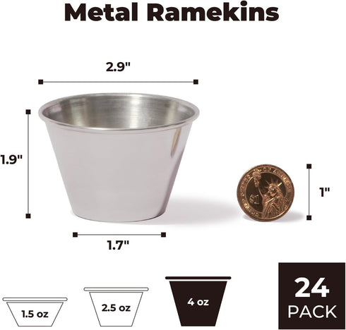Fit Meal Prep [24 Pack 4 oz Stainless Steel Dipping Sauce Cups, Reusable Metal Ramekins, Commercial Grade Condiment Bowls, Individual Portion Cups...