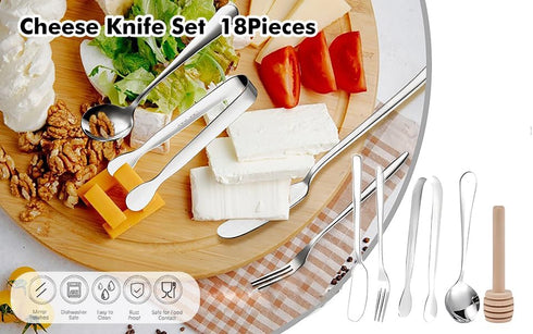 18 Pieces Charcuterie Board Accessories Stainless Steel Cheese Butter Spreader Knives Set Include Mini Serving Tongs, Knives, Spoons, Forks, Honey...