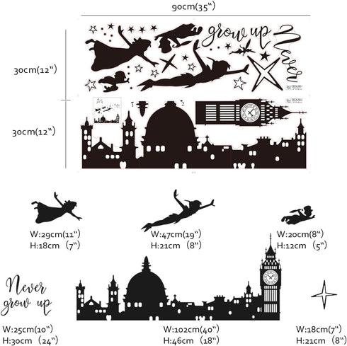 Runtoo Never Grow Up Nursery Wall Decals Quotes Big Ben Cityscape Wall Stickers for Kids Room Baby Bedroom Wall Decor...