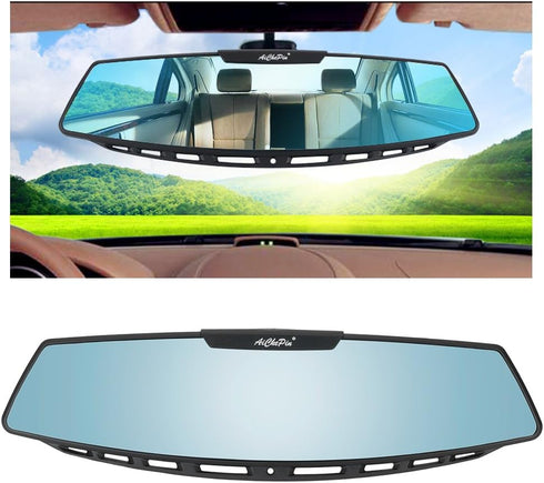 Car Rear View Mirror, 12" Wide Angle Universal Curve Convex Rearview Mirror Interior Clip On Original Mirror (Blue Mirror)...