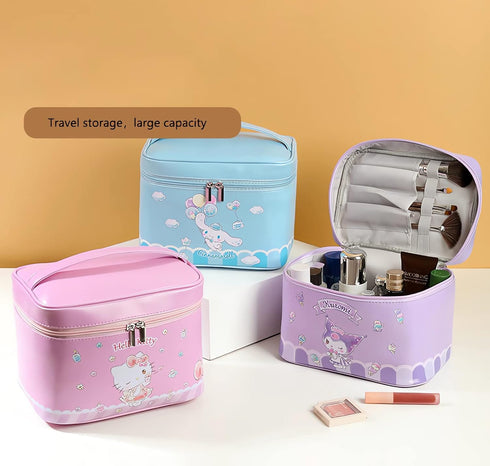 Cute Makeup Bag for Women Girls - Large Capacity PU Leather Waterproof Travel Cosmetic Bag with Handle and Divider Flat Lay Travel Makeup Bag Orga...