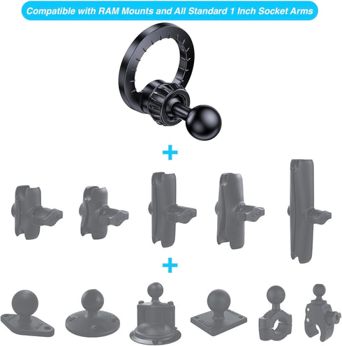 Magnetic Phone Holder Base with 1” Ball Mount Adapter for MagSafe Compatible with RAM Mounts Double Socket Arm for iPhone 15 14 13 12 Series...