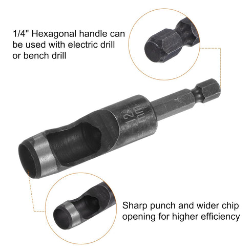 Leather Hole Punch Tool 12mm 45#Steel 1/4 Hex Shank Drill Bits Electric Hollow Punch Set with 5.5" Half-Round File for Leathercraft Belt Fabric PV...