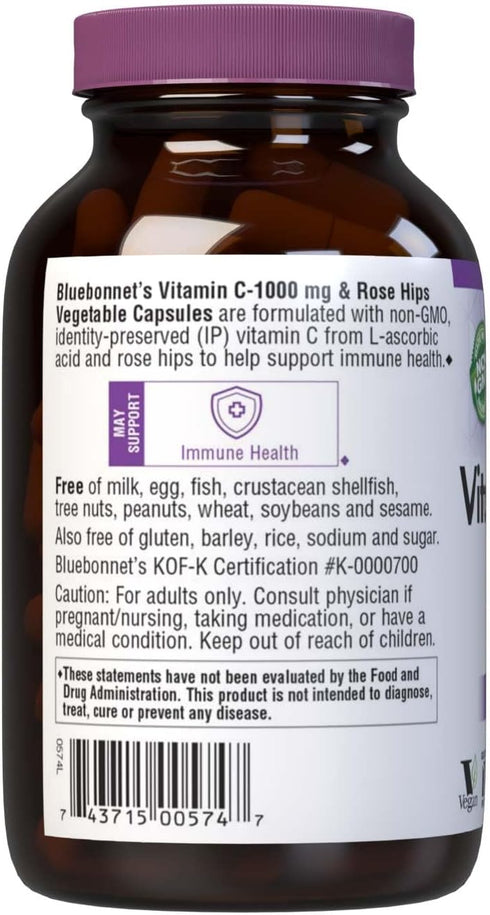 Bluebonnet Nutrition Vitamin C-1000 mg Plus Rose HIPS Vegetable Capules, for Immune Health, for Antioxidant Protection, Soy Free, Gluten Free, Non...