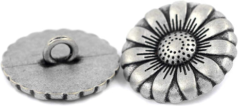 Bezelry 12 Pieces Morning Flower Metal Shank Buttons. 20mm (3/4 inch) (Antique Silver)...