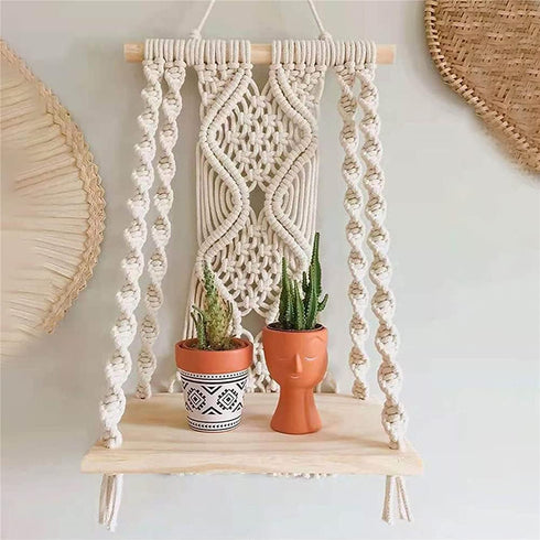 Macrame Wall Hanging Plant Decor Shelf Indoor Outdoor Floating Wood shelve Decorative Hand Made Rope Boho Shelving for Plants...