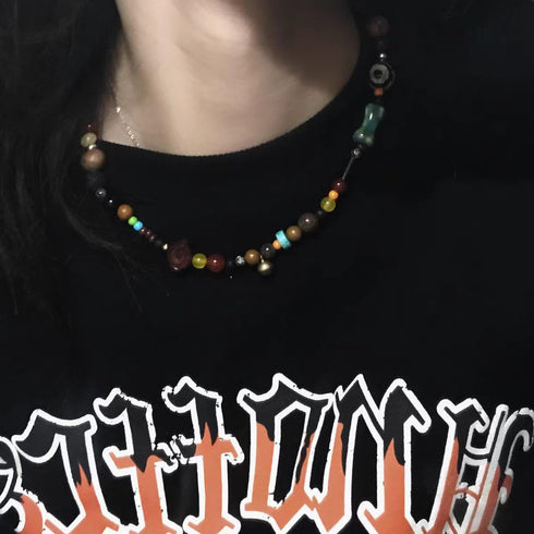 90s Beaded Necklace Color Surfer Crystal Stone Gemstone Wooden Bead Britpop Summer Choker Necklace for Men Women...