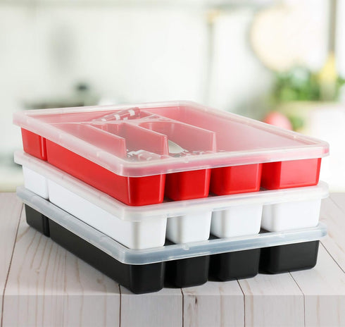 Flatware Tray with Lid, Plastic Camper Picnic Cutlery and Utensil Drawer Organizer, Kitchen Silverware Storage Container with Cover, White...