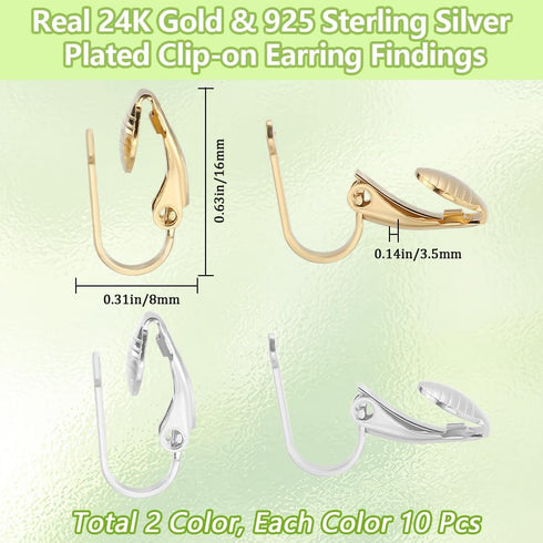 Beebeecraft 1 Box 40Pcs 2 Colors Gold Earring Converter Silver Clip Earring Findings 24K Gold & 925 Sterling Silver Plated Brass Clip Back Non Pie...