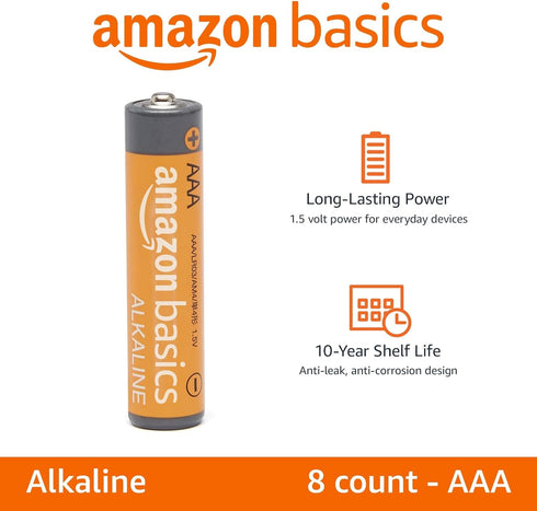 Amazon Basics AAA Alkaline High-Performance Batteries, 1.5 Volt, 10-Year Shelf Life, 8 count...