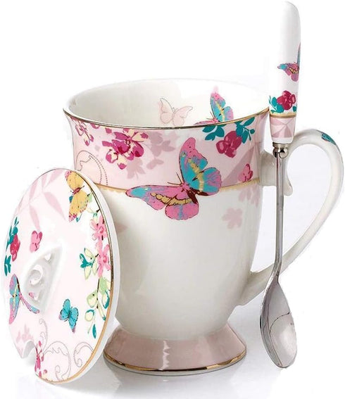 YBK Tech Euro Style Porcelain Tea Cup Coffee Mug with Lid for Breakfast Home Kitchen (((Butterflies Pattern) (Pink)))...
