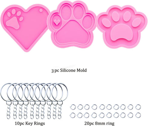 3pc Glossy Resin Silicone Paw Print Molds DIY Making Keychain, Heart with Paw Cutout Epoxy Mold with 10PC Key Ring(DY0129+DY0292+DY0404)...